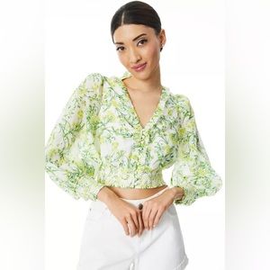 Alice + Olivia Callico Ruffled Smocked-Waist Blouse Nee With Tags